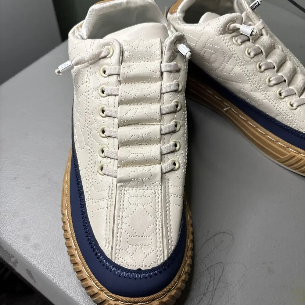 Men's Casual Quilted Leather Sneakers in White, Navy & Gold
